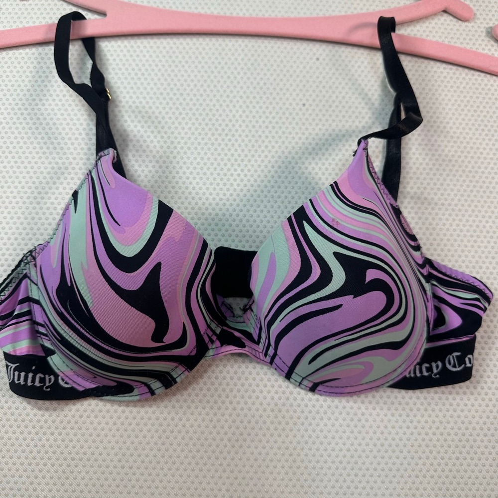 Juicy Couture Bra 34B Purple Marble Swirl‎ Logo Band T-Shirt Bra Y2K Excellent